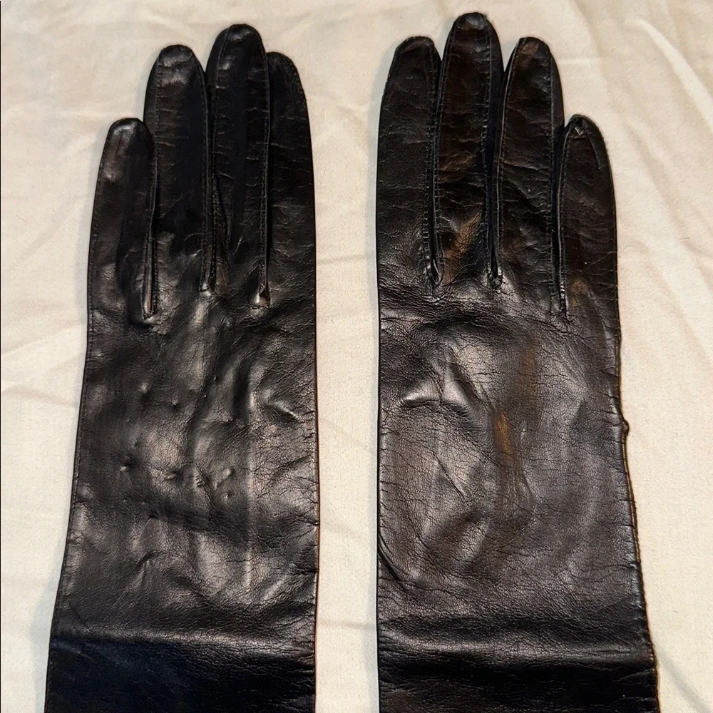 Vintage NWOT Dead Stock‎ Long Black Leather Gloves with Embroidered Design